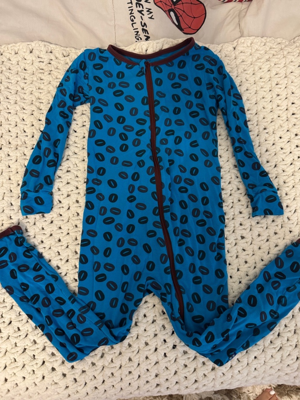 Kickee Pants Blue Oval-Print Footed One-Piece with Brown Trim